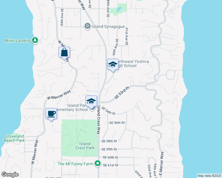 map of restaurants, bars, coffee shops, grocery stores, and more near 5230 90th Avenue Southeast in Mercer Island