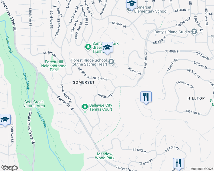 map of restaurants, bars, coffee shops, grocery stores, and more near 13804 Southeast 52nd Place in Bellevue