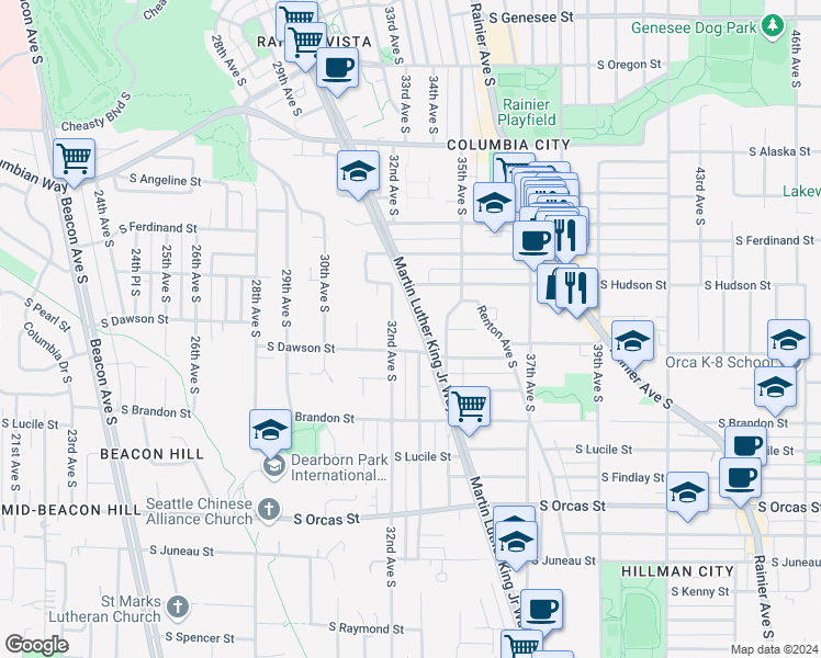 map of restaurants, bars, coffee shops, grocery stores, and more near 5031 Martin Luther King Junior Way South in Seattle
