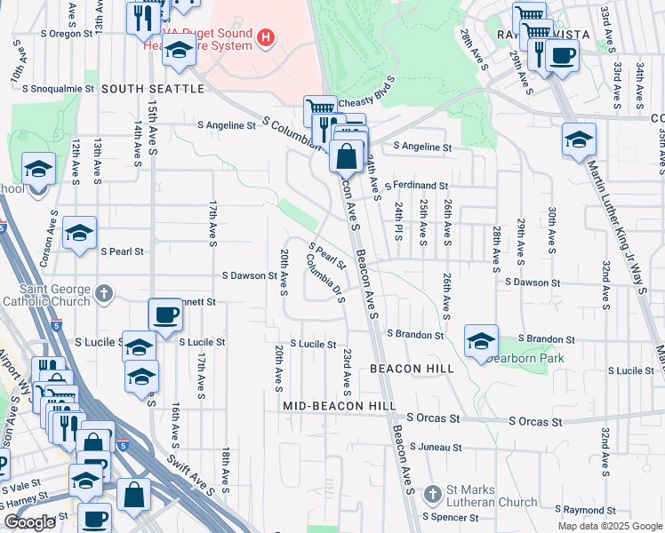 map of restaurants, bars, coffee shops, grocery stores, and more near 5202 Columbia Drive South in Seattle