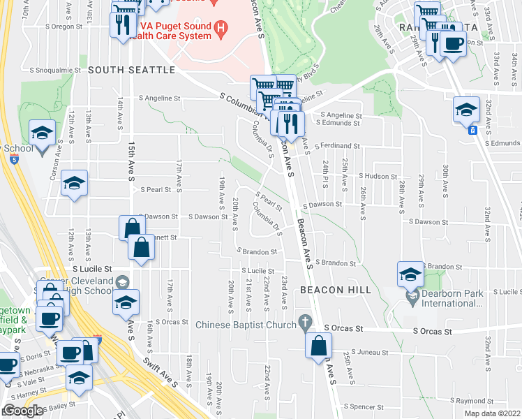 map of restaurants, bars, coffee shops, grocery stores, and more near 5202 Columbia Drive South in Seattle