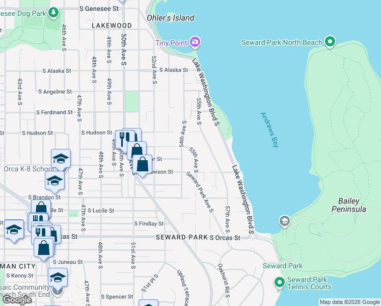 map of restaurants, bars, coffee shops, grocery stores, and more near 5121 55th Avenue South in Seattle