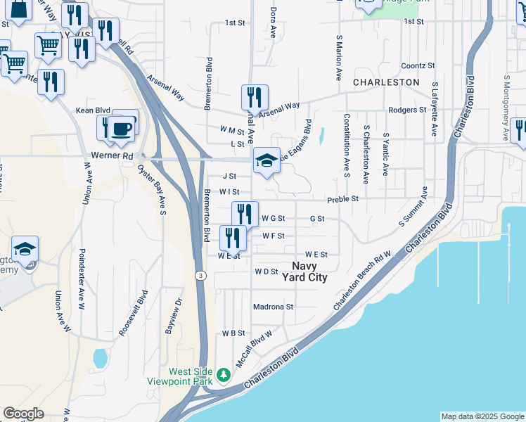 map of restaurants, bars, coffee shops, grocery stores, and more near 3736 West G Street in Bremerton