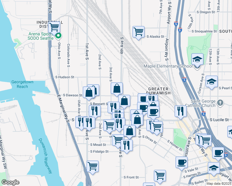 map of restaurants, bars, coffee shops, grocery stores, and more near 5055 4th Avenue South in Seattle