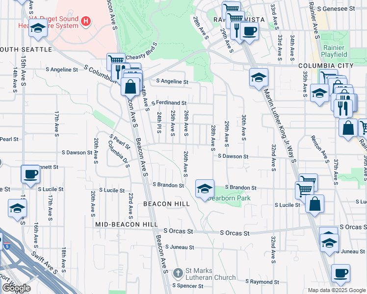 map of restaurants, bars, coffee shops, grocery stores, and more near 2521 South Dawson Street in Seattle