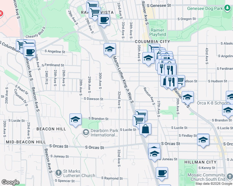 map of restaurants, bars, coffee shops, grocery stores, and more near 5037 32nd Ave S in Seattle