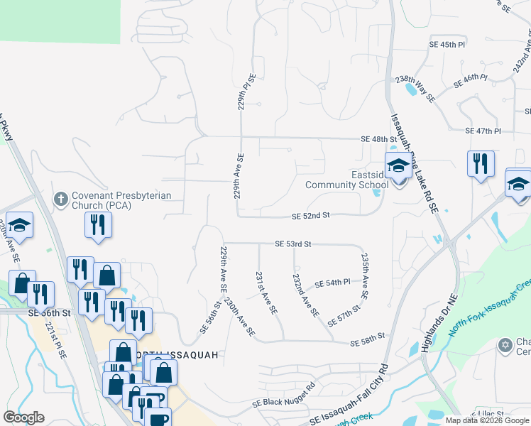 map of restaurants, bars, coffee shops, grocery stores, and more near 23024 Southeast 52nd Street in Issaquah