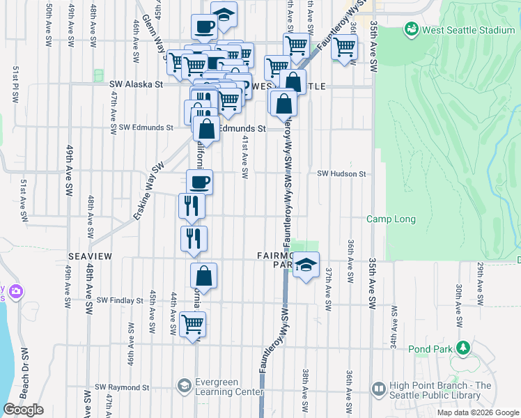 map of restaurants, bars, coffee shops, grocery stores, and more near 5051 40th Avenue Southwest in Seattle