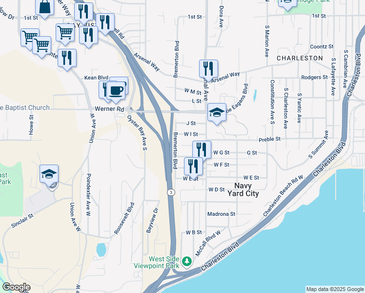 map of restaurants, bars, coffee shops, grocery stores, and more near 4135 H Street in Bremerton