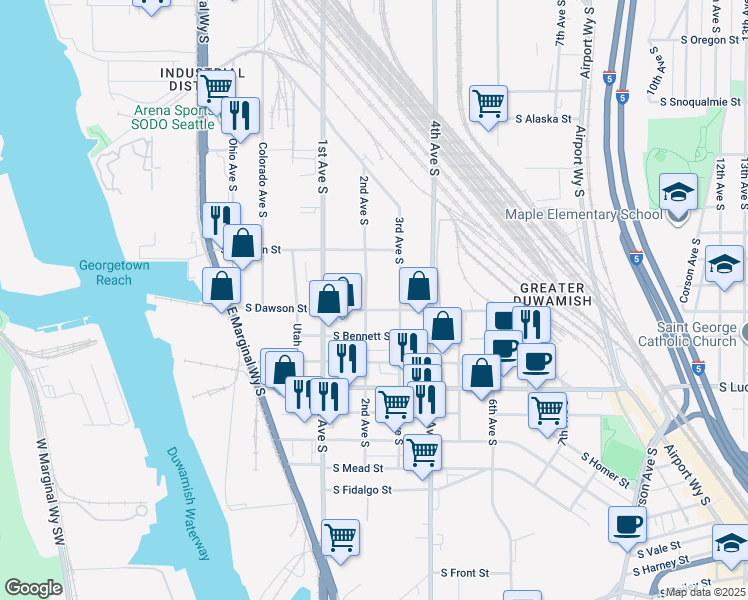 map of restaurants, bars, coffee shops, grocery stores, and more near 5050 2nd Avenue South in Seattle