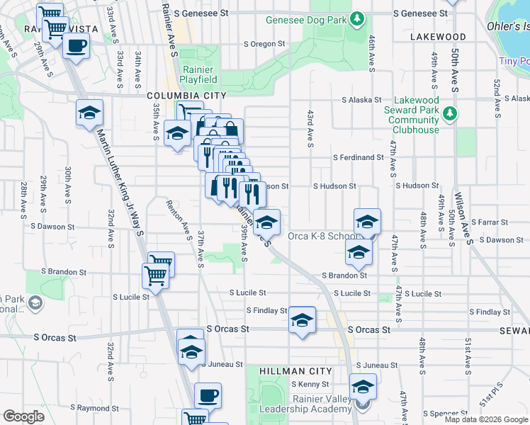 map of restaurants, bars, coffee shops, grocery stores, and more near 3927 South Pearl Street in Seattle