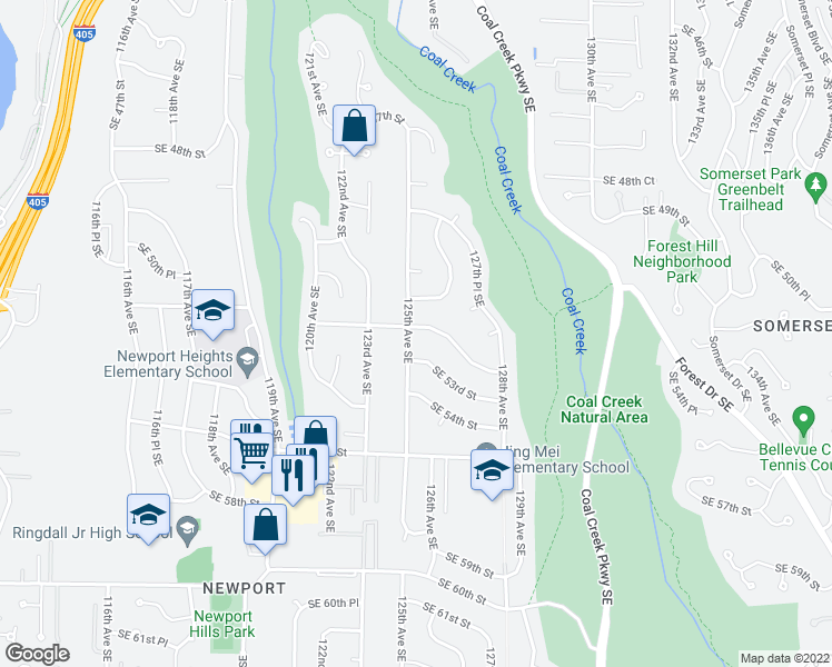 map of restaurants, bars, coffee shops, grocery stores, and more near 12503 Southeast 52nd Street in Bellevue