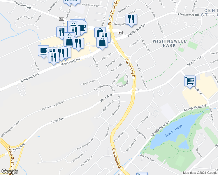 map of restaurants, bars, coffee shops, grocery stores, and more near 89 Old Pennywell Road in St. John's