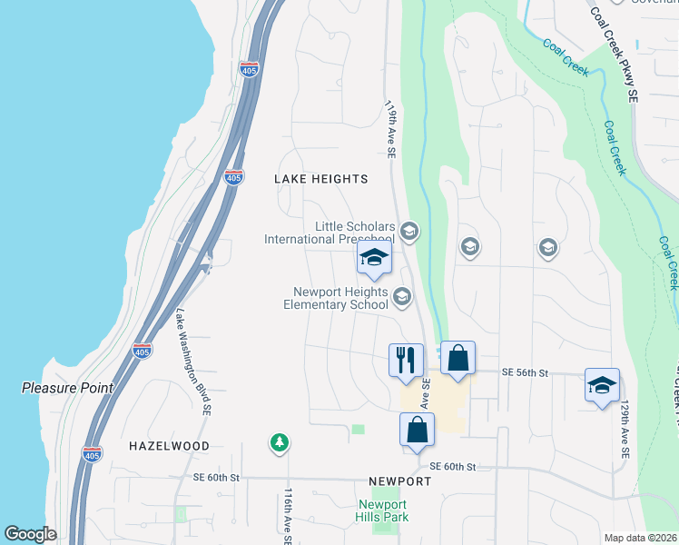 map of restaurants, bars, coffee shops, grocery stores, and more near 5222 116th Place Southeast in Bellevue