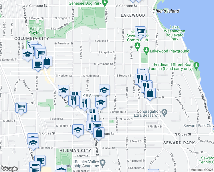 map of restaurants, bars, coffee shops, grocery stores, and more near 5103 46th Avenue South in Seattle