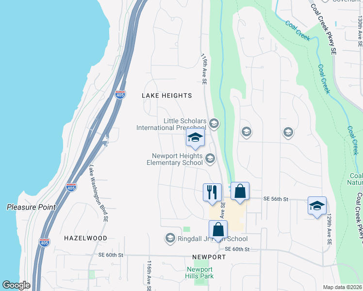 map of restaurants, bars, coffee shops, grocery stores, and more near 5219 117th Avenue Southeast in Bellevue