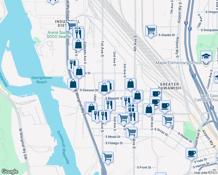 map of restaurants, bars, coffee shops, grocery stores, and more near 5050 1st Avenue South in Seattle