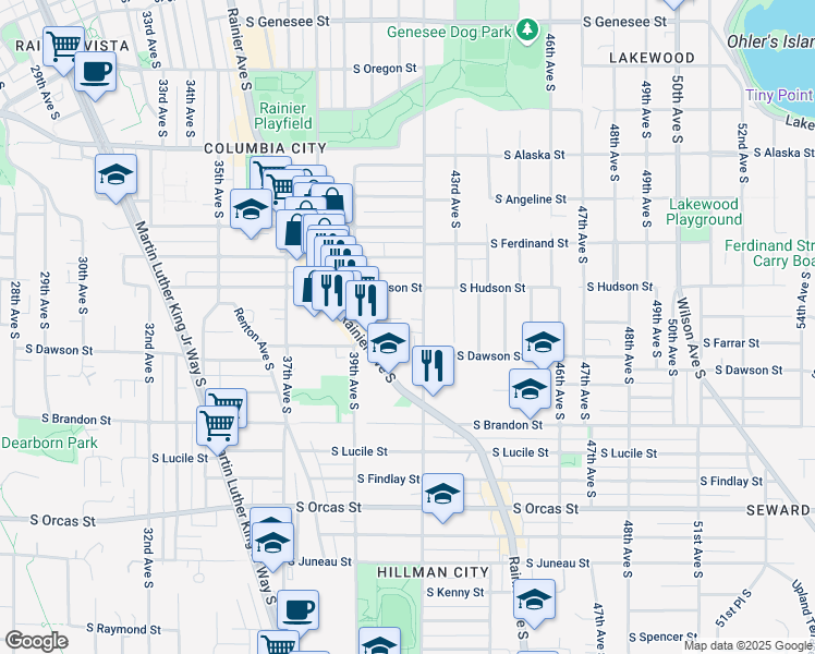 map of restaurants, bars, coffee shops, grocery stores, and more near 3948 South Farrar Street in Seattle