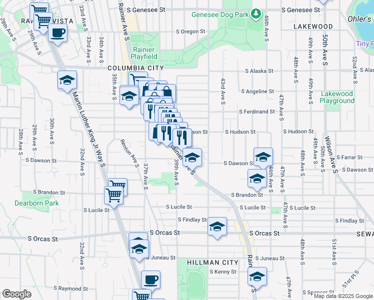 map of restaurants, bars, coffee shops, grocery stores, and more near 21 South Pearl Street in Seattle