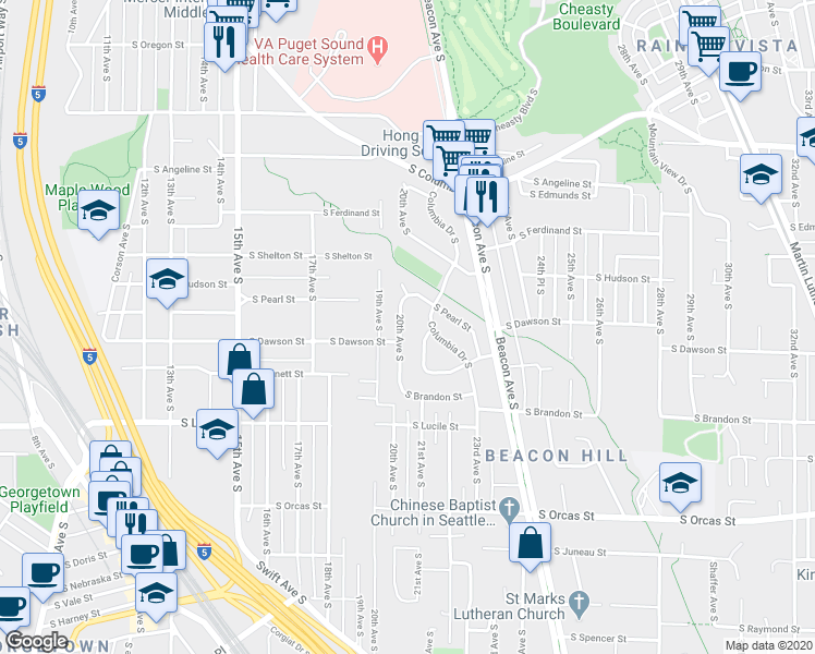 map of restaurants, bars, coffee shops, grocery stores, and more near 5130 20th Avenue South in Seattle