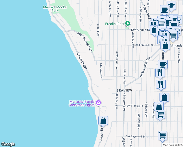 map of restaurants, bars, coffee shops, grocery stores, and more near 5063 Beach Drive Southwest in Seattle