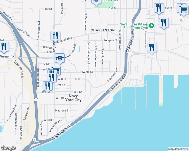 map of restaurants, bars, coffee shops, grocery stores, and more near 605 South Charleston Avenue in Bremerton