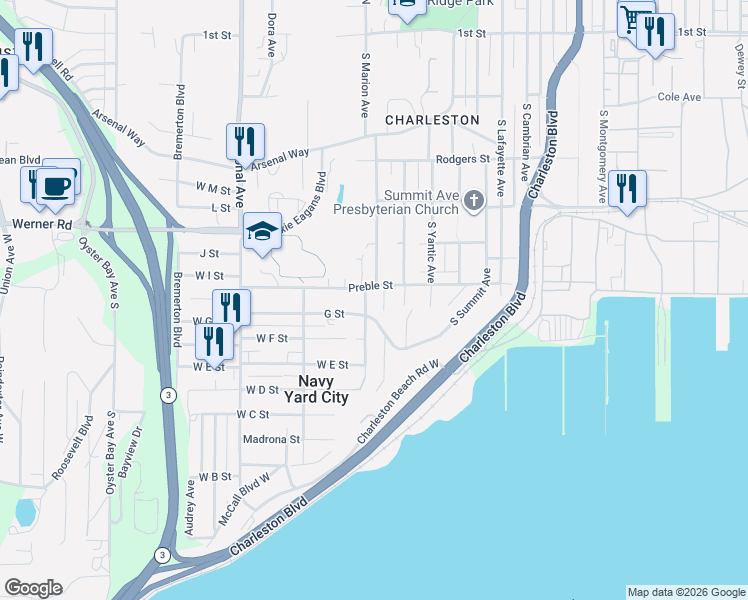 map of restaurants, bars, coffee shops, grocery stores, and more near 609 Marion Avenue West in Bremerton