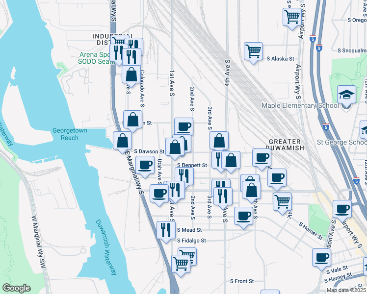 map of restaurants, bars, coffee shops, grocery stores, and more near 5050 1st Avenue South in Seattle