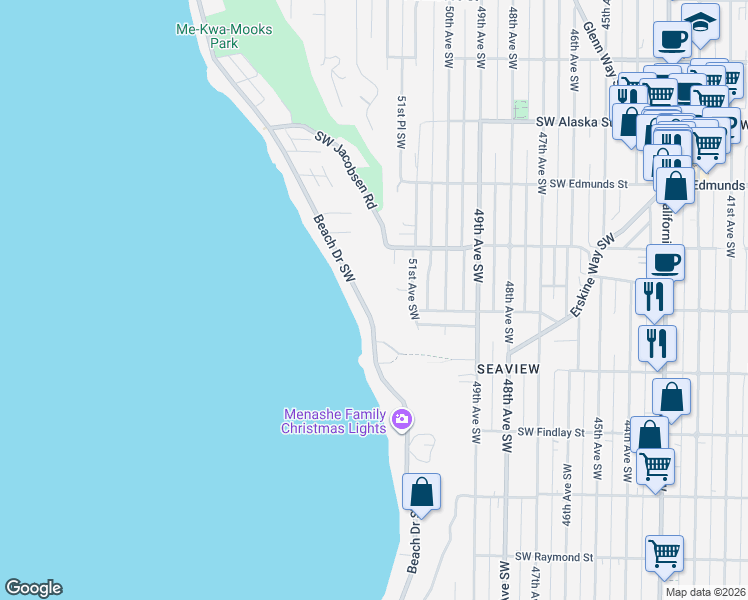 map of restaurants, bars, coffee shops, grocery stores, and more near 5064 Beach Drive Southwest in Seattle