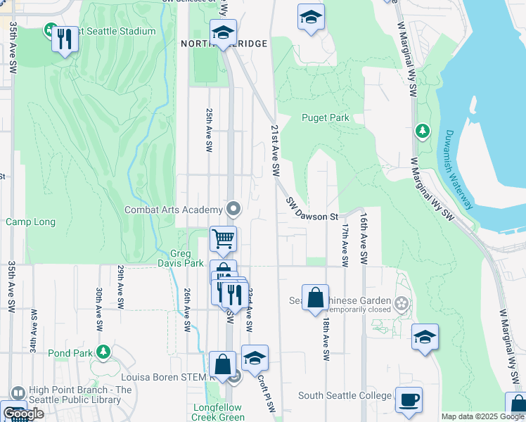 map of restaurants, bars, coffee shops, grocery stores, and more near 5070 Puget Boulevard Southwest in Seattle