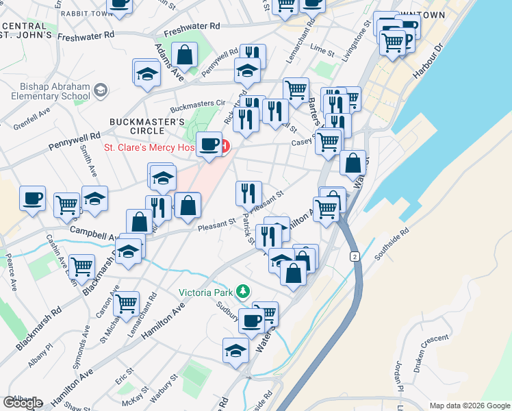 map of restaurants, bars, coffee shops, grocery stores, and more near 130 Pleasant Street in St. John's
