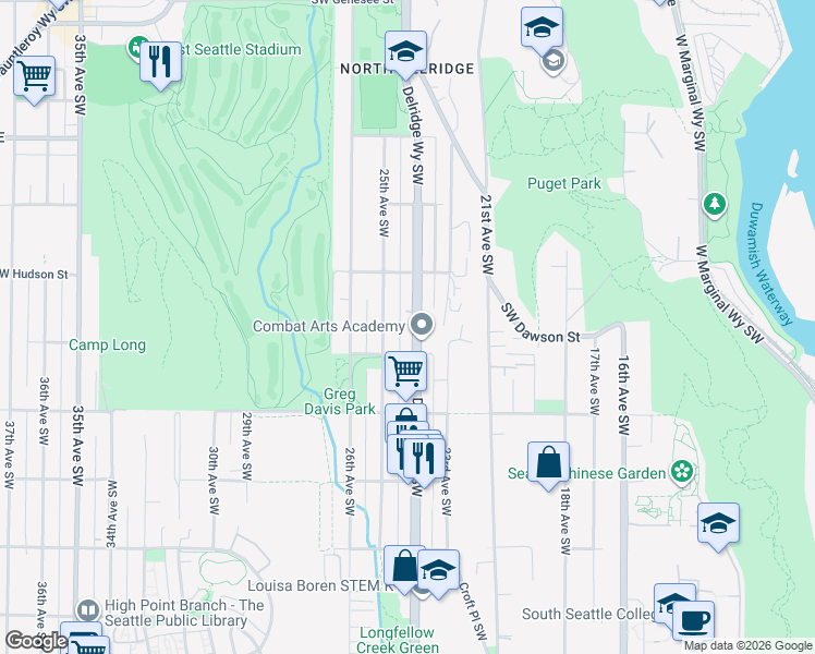 map of restaurants, bars, coffee shops, grocery stores, and more near 5049 Delridge Way Southwest in Seattle
