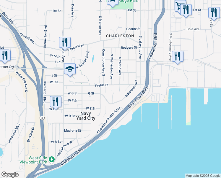 map of restaurants, bars, coffee shops, grocery stores, and more near 605 South Charleston Avenue in Bremerton