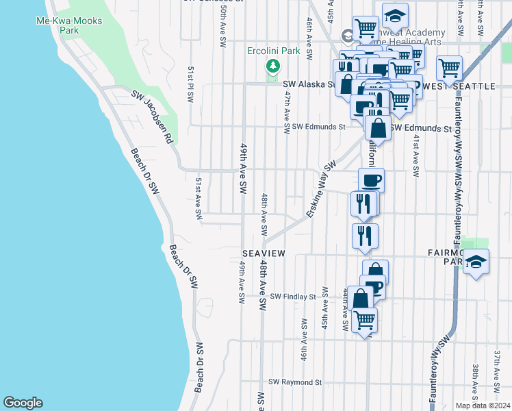 map of restaurants, bars, coffee shops, grocery stores, and more near 4810-1/2 Southwest Dawson Street in Seattle