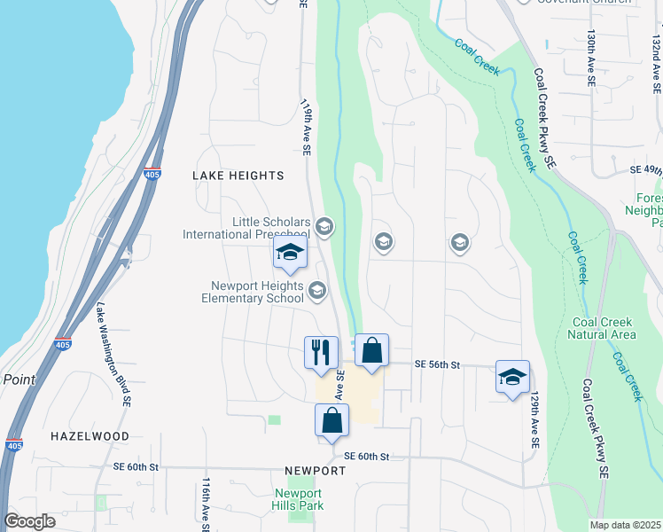 map of restaurants, bars, coffee shops, grocery stores, and more near 5224 119th Avenue Southeast in Bellevue