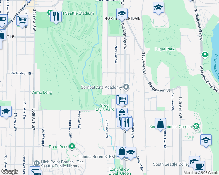 map of restaurants, bars, coffee shops, grocery stores, and more near 5050 26th Avenue Southwest in Seattle