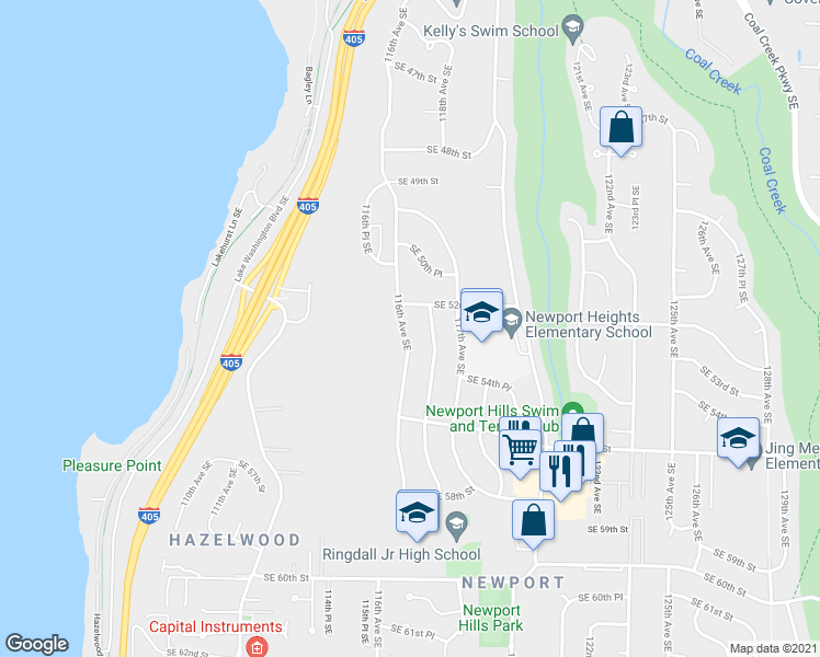 map of restaurants, bars, coffee shops, grocery stores, and more near 5222 116th Avenue Southeast in Bellevue