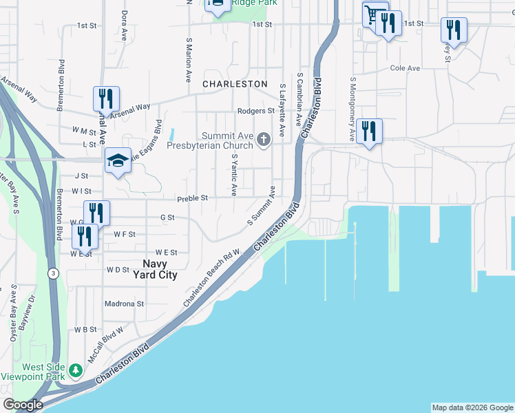 map of restaurants, bars, coffee shops, grocery stores, and more near 707 South Summit Avenue in Bremerton