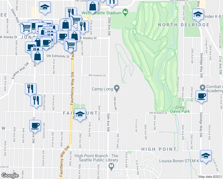 map of restaurants, bars, coffee shops, grocery stores, and more near 5044 35th Ave SW in Seattle