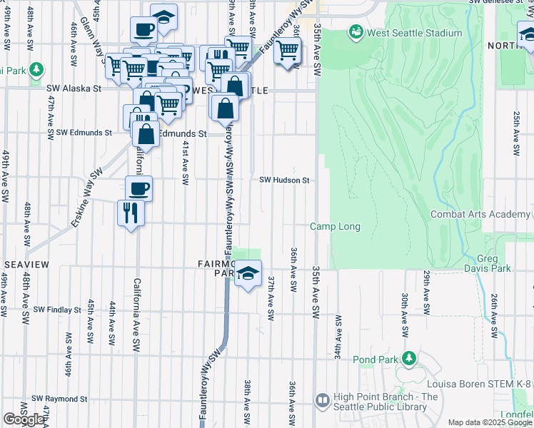 map of restaurants, bars, coffee shops, grocery stores, and more near 5047 37th Avenue Southwest in Seattle
