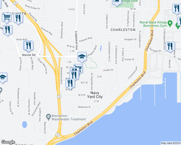 map of restaurants, bars, coffee shops, grocery stores, and more near 603 West Charlotte Avenue in Bremerton