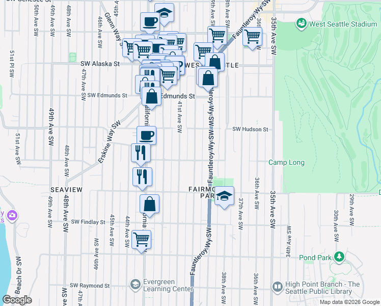 map of restaurants, bars, coffee shops, grocery stores, and more near 5051 40th Avenue Southwest in Seattle