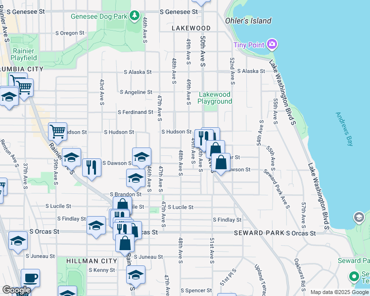 map of restaurants, bars, coffee shops, grocery stores, and more near 5030 48th Avenue South in Seattle