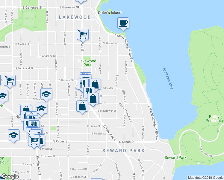 map of restaurants, bars, coffee shops, grocery stores, and more near 5239 South Pearl Street in Seattle