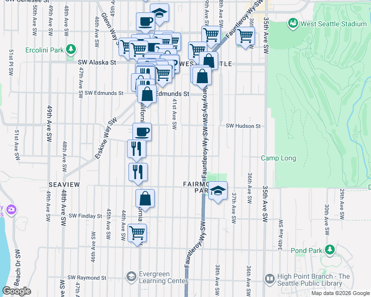 map of restaurants, bars, coffee shops, grocery stores, and more near 5051 40th Avenue Southwest in Seattle