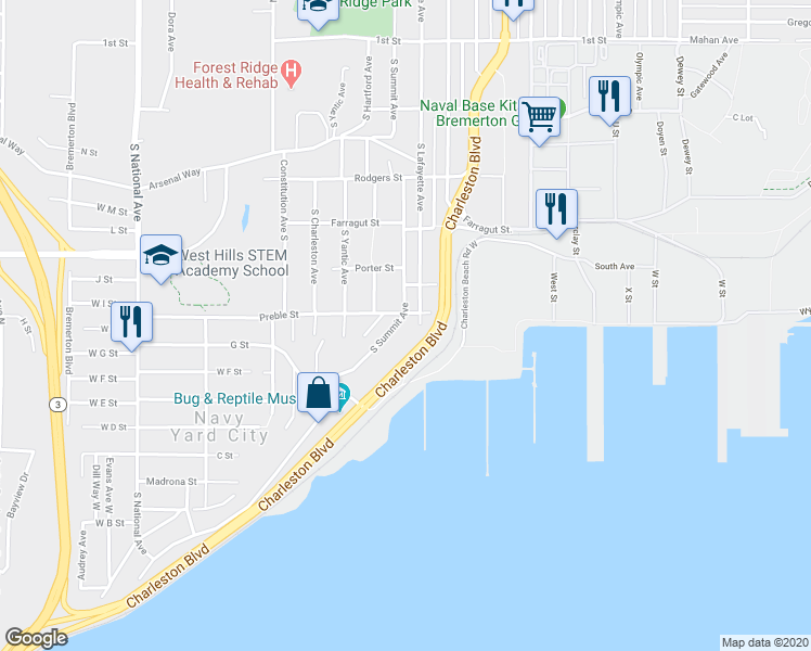 map of restaurants, bars, coffee shops, grocery stores, and more near 600 South Lafayette Avenue in Bremerton