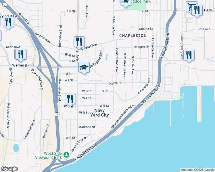 map of restaurants, bars, coffee shops, grocery stores, and more near 3627 Preble Street in Bremerton