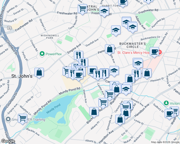 map of restaurants, bars, coffee shops, grocery stores, and more near 23 Cashin Avenue in St. John's