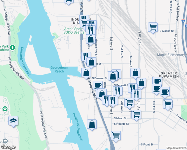 map of restaurants, bars, coffee shops, grocery stores, and more near 5047 Colorado Avenue South in Seattle
