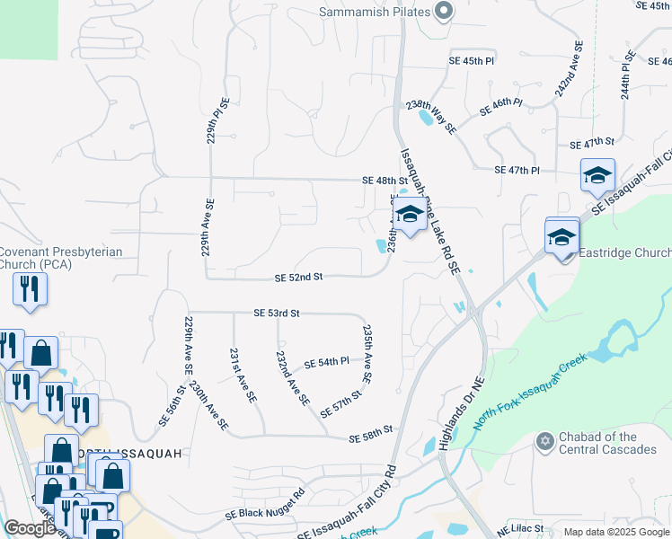 map of restaurants, bars, coffee shops, grocery stores, and more near 23390 Southeast 52nd Street in Issaquah